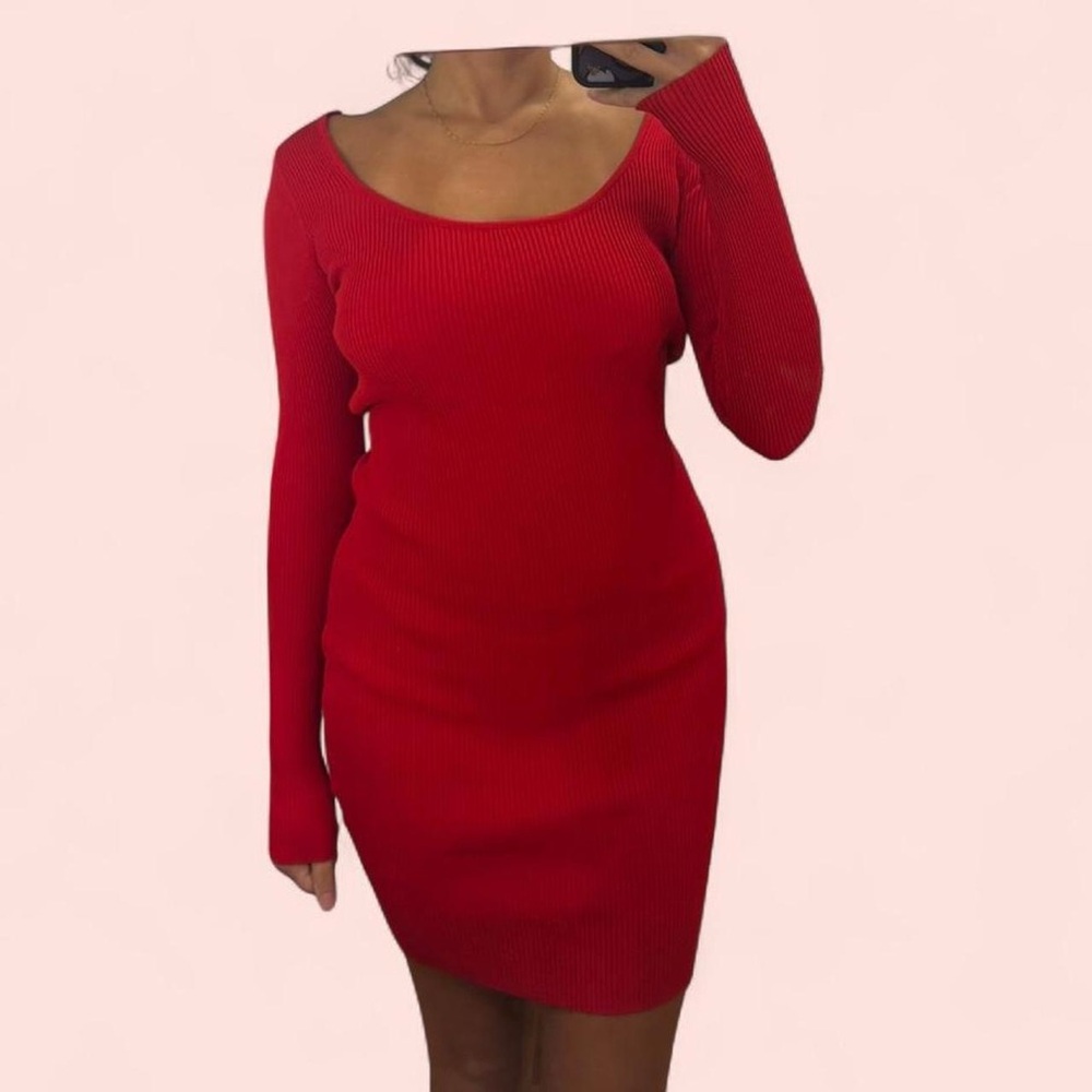 Fashion Nova Vibrant Red Long Sleeve Dress